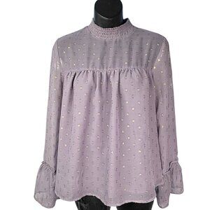 Sheer Long Bell Sleeve Lilac Mauve Flowy Peasant Blouse Gold Pattern Women’s M